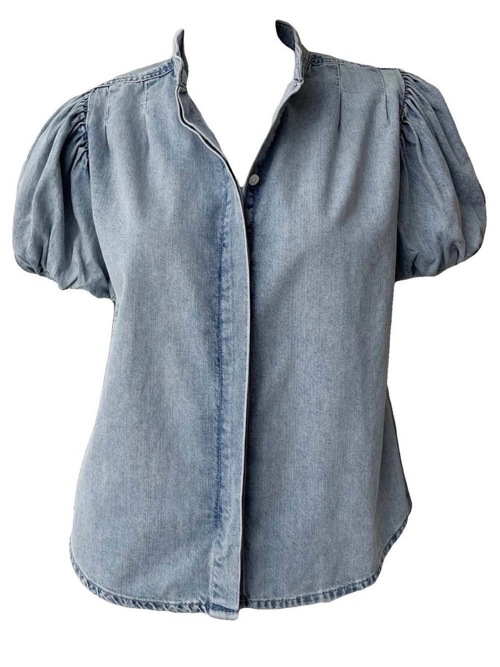 FRAME Cresthaven Denim Puff Sleeve Button Front Blouse Top Size Large